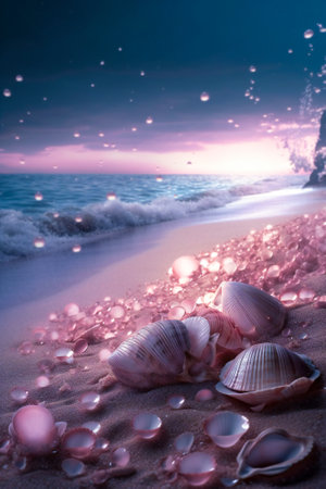 Dream landscape on a sandy beach with shells, flowers, pearls and little luminous glass spheres. Dream and meditation concept.  Created with Generative AI technology.の素材