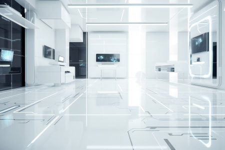Clean white advanced futuristic interior, corridor or room. Created with Generative AI technology.の素材