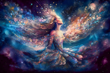 Creative fantasy portrait of a girl surrounded by flowers and clouds. Concept of dream, meditation, transcendent conscience and creative mind. Created with Generative AI technology.の素材