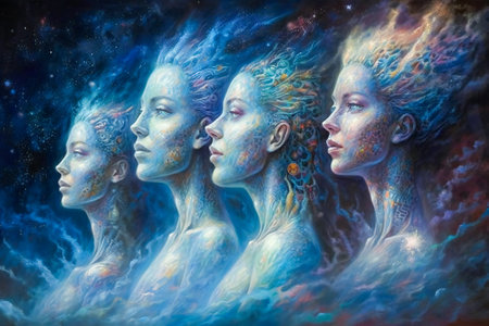 Celestial beings among the clouds. Dream, fantasy, creative and meditative mind concept. Created with Generative AI technology.の素材