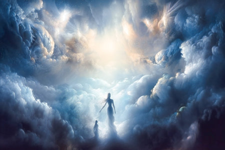 Celestial beings among the clouds. Dream, fantasy, creative and meditative mind concept. Created with Generative AI technology.の素材