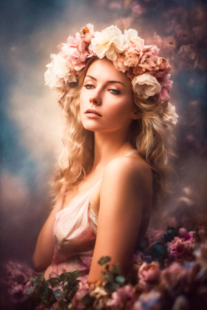 Heavenly illustration of a beautiful young woman surrounded by clouds and flowers. Concept of serenity, calm and tranquility. Created with Generative AI technology.の素材