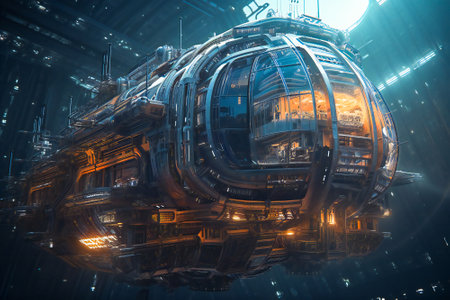 Science fiction futuristic air or space vehicle docked. Created with Generative AI technology.の素材