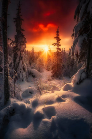 Illustration of a forest in winter at sunset. Created with Generative AI technology.の素材