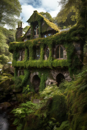 Beautiful traditional old house covered in ivy and moss. Created with Generative AI technology.の素材