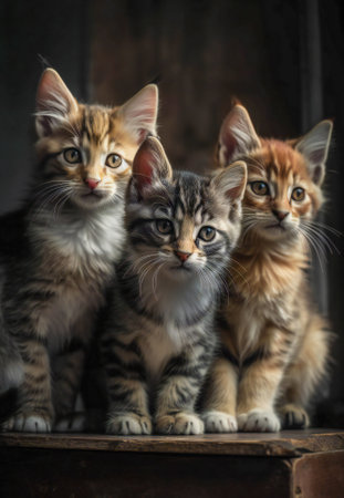 Three cute kitten looking at the camera. Created with Generative AI technology.の素材