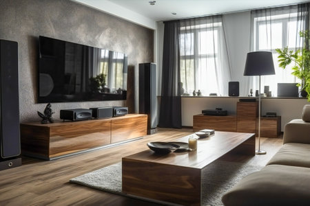 Modern living room with a big TV, audio line and furniture. Created with Generative AI technology.の素材