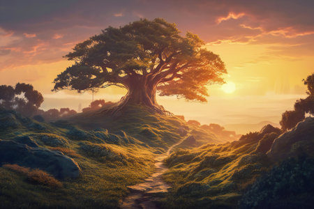 Big majestic lone tree in a beautiful landscape at sunset. Created with Generative AI technology.の素材