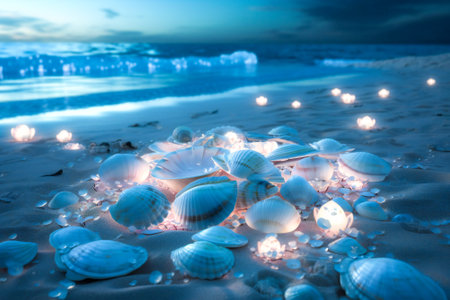 Dream landscape on a sandy beach with shells, flowers, pearls and little luminous glass spheres. Dream and meditation concept.  Created with Generative AI technology.の素材