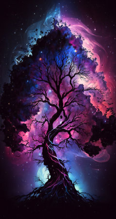 Fantasy purple glowing tree of life in the night, dream atmosphere. Created with Generative AI technology.の素材