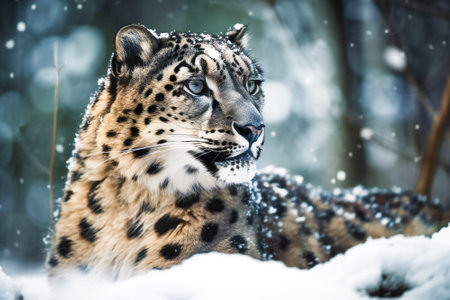 Snow leopard in winter. Created with Generative AI technology.の素材