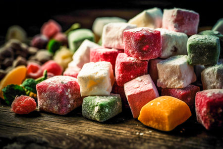 Turkish delights. Various pieces of traditional Turkish sweets on a wooden table. Created with Generative AI technology.の素材