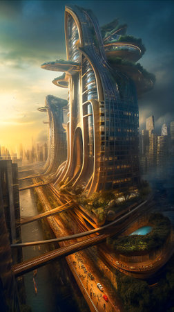 A tall tower in a futuristic city. Created with Generative AI technology.の素材