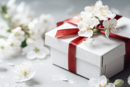 Delicate white flowers and a small gift box with a red ribbon. Simplicity and cuteness concept. Created with Generative AI technology.の素材