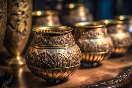 Oriental or ottoman metalwork and craft, filigree pots or lanterns close up in a middle east bazaar. Created with Generative AI technology.の素材