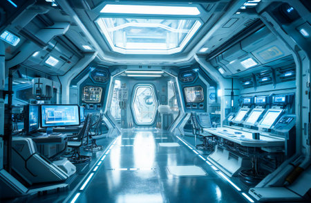 Interior of a futuristic control room of a space ship. Created with Generative AI technology.の素材