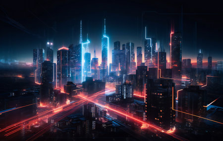 Illustration of a illuminated futuristic city in the night. Created with Generative AI technology.の素材