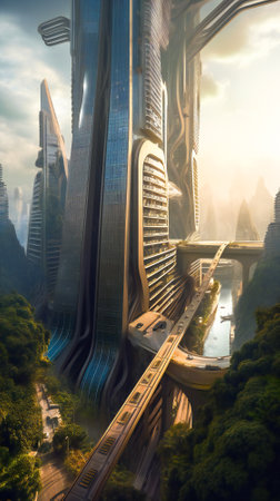 A tall tower in a futuristic city. Created with Generative AI technology.の素材