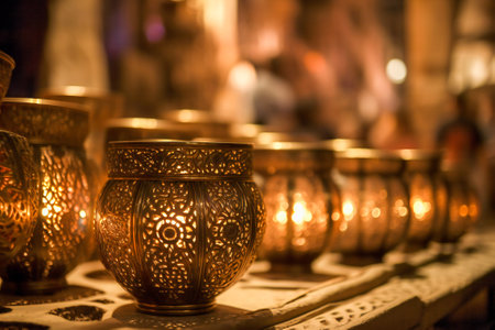 Metal filigree lanterns in a middle east bazaar. Oriental artwork and craft. Created with Generative AI technology.の素材
