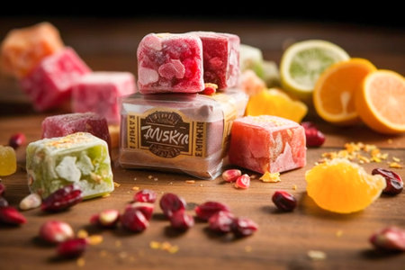 Turkish delights. Various pieces of traditional Turkish sweets on a wooden table. Created with Generative AI technology.の素材