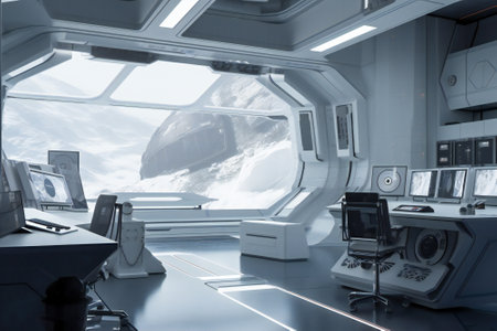 Futuristic interior of a laboratory or scientific station on a planet. Created with Generative AI technology.の素材