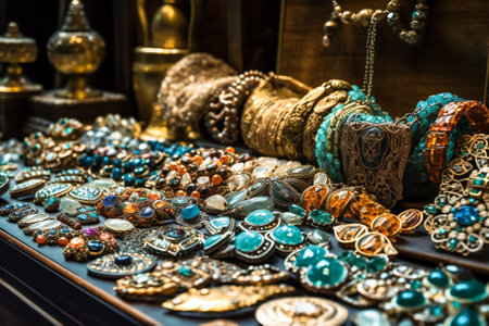 Oriental jewelry in a middle east bazaar. Created with Generative AI technology.の素材