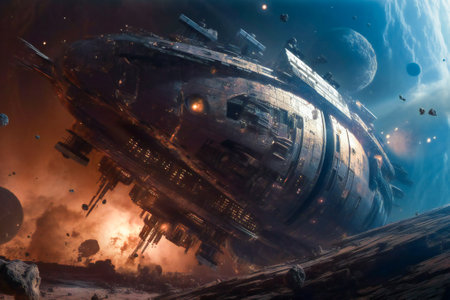 Giant space ship being damaged after a space battle. Created with Generative AI technology.の素材