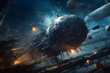 Giant space ship being damaged after a space battle. Created with Generative AI technology.の素材
