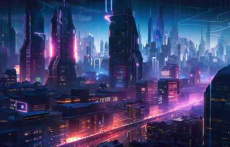 Illustration of a illuminated futuristic city in the night. Created with Generative AI technology.の素材