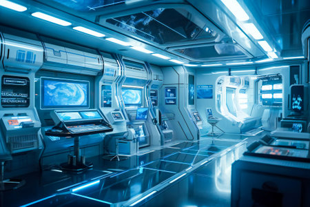 Interior of a futuristic control room of a space ship. Created with Generative AI technology.の素材
