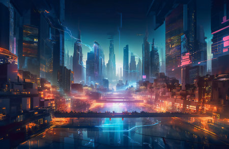 Illustration of a illuminated futuristic city in the night. Created with Generative AI technology.の素材