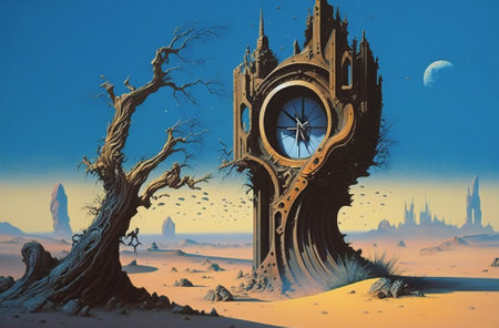 Surrealistic desert landscape with a weird building containing a big clock. Created with Generative AI technology.の素材