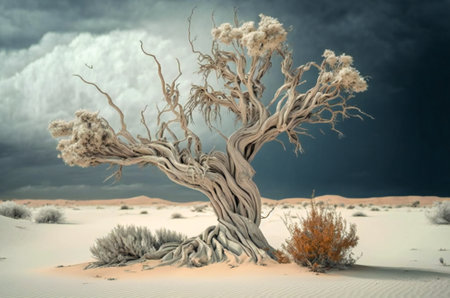 Illustration of a lonely dried tree in a desert. Stormy sky and clouds in background. Created with Generative AI technology.の素材
