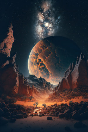 Big moon rising over a rock desert planet. Created with Generative AI technology.の素材