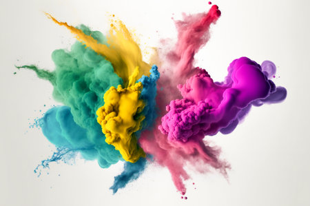 Colored dust clouds mixing in an explosion. White background. Fictional illustration. Created with Generative AI technology.の素材