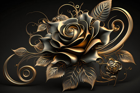 Metallic black and gold stylized rose. Created with Generative AI technology.の素材