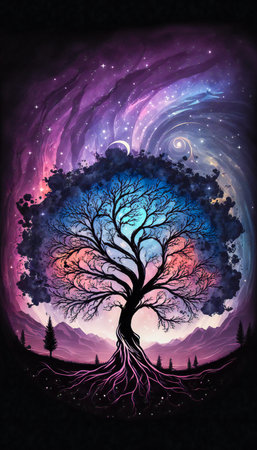 Fantasy purple glowing tree of life in the night, dream atmosphere. Created with Generative AI technology.の素材
