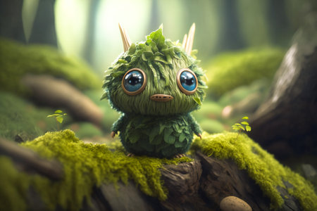 Tiny fantasy green creature in the woods.  Created with Generative AI technology.の素材