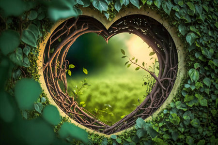 Heart shape leaves decopuage in a garden. Seasonal concept of joy, love and spring. Created with Generative AI technology.の素材