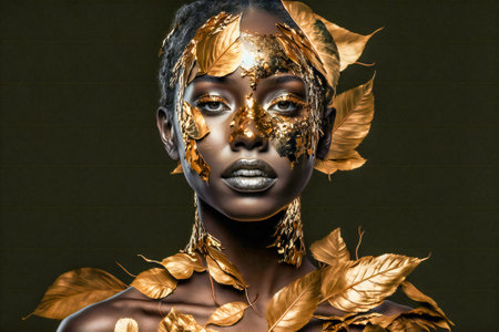 Portrait of a black woman decorated with gold leaves. Created with Generative AI technology.の素材