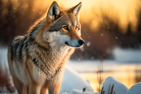 Illustration of a lone wolf in wilderness. Created with Generative AI technology.の素材