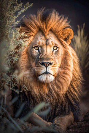 Magnificent lion in wilderness. Created with Generative AI technology.の素材