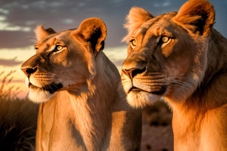 Two lioness in wilderness. Created with Generative AI technology.の素材