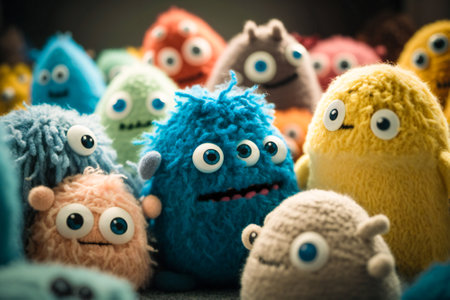 Illustration of a group of cute little felt monsters. Created with Generative AI technology.の素材