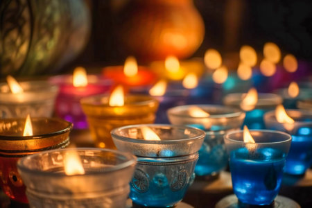 Multi colored candles burning in the evening. Oriental feel. Created with Generative AI technology.の素材