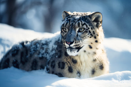Snow leopard in winter. Created with Generative AI technology.の素材