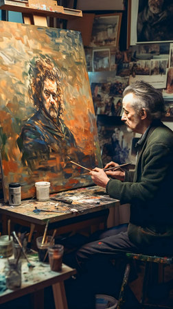 Illustration of an artist painting a self portrait. Created with Generative AI technology.の素材