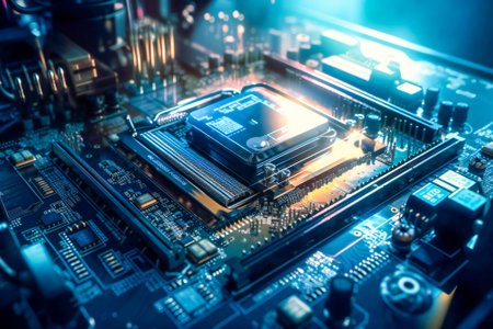 A motherboard with a CPU on it. Generic information technology concept illustration. Created with Generative AI technology.の素材