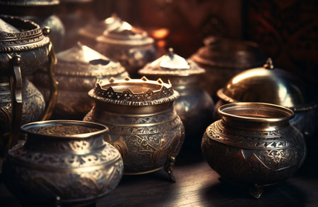 Oriental or ottoman metalwork and craft, filigree pots or lanterns close up in a middle east bazaar. Created with Generative AI technology.の素材