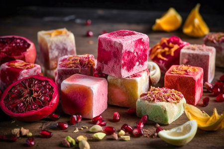 Turkish delights. Various pieces of traditional Turkish sweets on a wooden table. Created with Generative AI technology.の素材